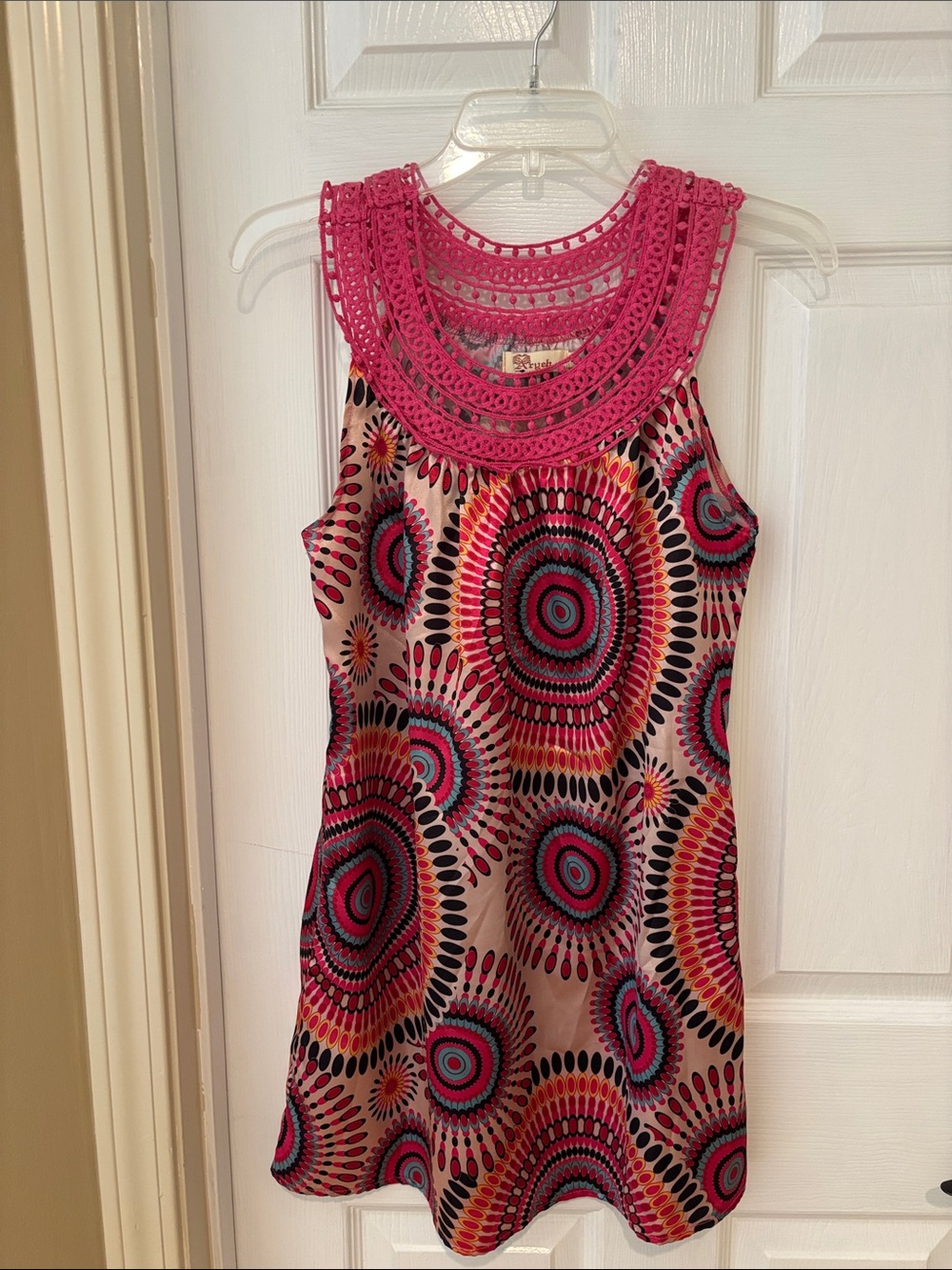 Aryeh Pink Crochet Yoke Multi-Color Mini Dress